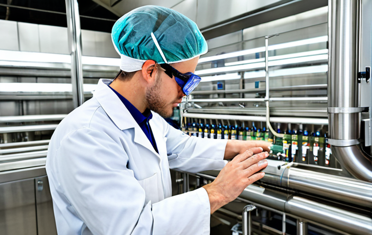 A professional, wide-angle shot of a state-of-the-art food processing facility, showcasing advanced stainless steel microfiltration and ultrafiltration systems. Clear, pure liquids, like milk or juice, are visibly flowing through transparent sections of pipes, emphasizing cleanliness and safety. The environment is sterile, brightly lit, and highly organized. A male food technologist, fully clothed in a clean white lab coat and safety goggles, stands by a control panel, observing the process with a professional demeanor. The image highlights food safety and quality through modern technology. safe for work, appropriate content, fully clothed, professional, perfect anatomy, correct proportions, natural pose, well-formed hands, proper finger count, natural body proportions, high-resolution, industrial photography.