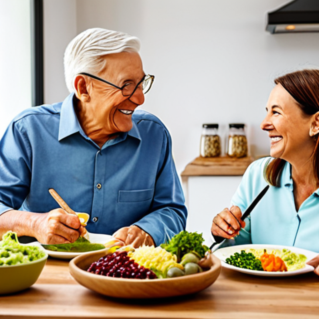A joyful elderly woman and man, both fully clothed in modest, comfortable professional attire, are seated at a well-lit dining table in a bright, modern kitchen. They are happily enjoying a meal of specialized, easily digestible fortified foods, such as a smoothly textured, vitamin-enriched puree and a glass of protein-rich drink. The atmosphere is warm and inviting, showcasing the comfort and improved well-being brought by tailored nutrition. The image is a professional photograph with perfect anatomy, correct proportions, well-formed hands, and natural body proportions, ensuring a safe for work and appropriate content, family-friendly scene.