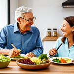 A joyful elderly woman and man, both fully clothed in modest, comfortable professional attire, are seated at a well-lit dining table in a bright, modern kitchen. They are happily enjoying a meal of specialized, easily digestible fortified foods, such as a smoothly textured, vitamin-enriched puree and a glass of protein-rich drink. The atmosphere is warm and inviting, showcasing the comfort and improved well-being brought by tailored nutrition. The image is a professional photograph with perfect anatomy, correct proportions, well-formed hands, and natural body proportions, ensuring a safe for work and appropriate content, family-friendly scene.