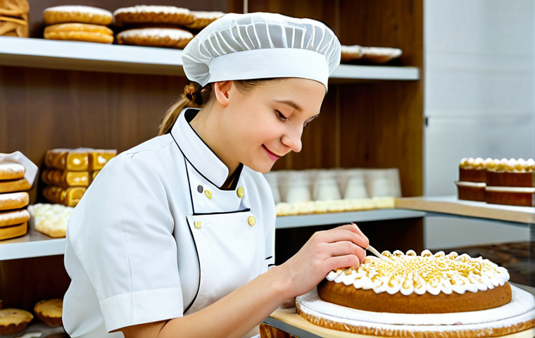 Professional Baker**

    A professional female baker in a clean, bright Moscow bakery, wearing a crisp, white, fully clothed uniform and a hairnet. She's carefully decorating a traditional Russian honey cake (Medovik). The background shows shelves with baking supplies and other bakers working. Perfect anatomy, correct proportions, natural pose, well-formed hands, proper finger count, professional photography, high quality, safe for work, appropriate content, fully clothed, professional.
2.  **
