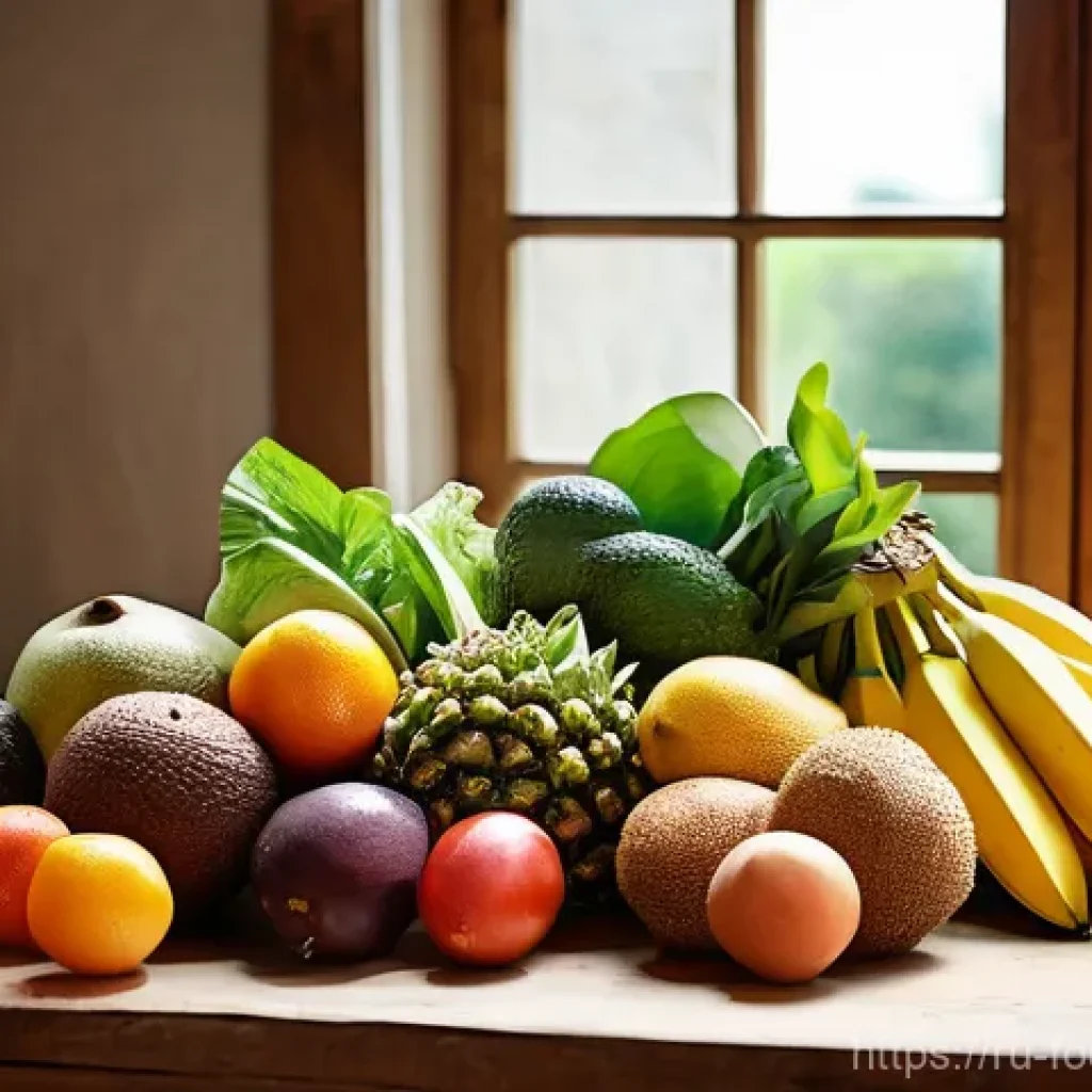 식품에서의 효소 활용 - **Vibrant Harvest of Enzyme-Rich Foods:**
    A beautifully composed still life showcasing a diverse...