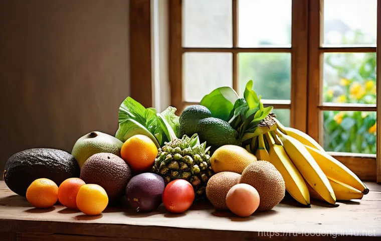 식품에서의 효소 활용 - **Vibrant Harvest of Enzyme-Rich Foods:**
    A beautifully composed still life showcasing a diverse...