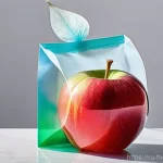 식품 공학에서의 생체모방 기술 - **Edible, Lotus-Inspired Food Packaging:** A close-up shot of a single, vibrant red apple nestled wi...