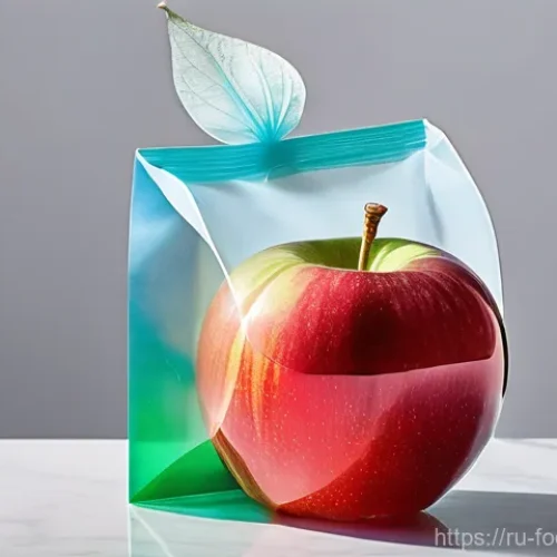식품 공학에서의 생체모방 기술 - **Edible, Lotus-Inspired Food Packaging:** A close-up shot of a single, vibrant red apple nestled wi...