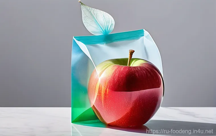 식품 공학에서의 생체모방 기술 - **Edible, Lotus-Inspired Food Packaging:** A close-up shot of a single, vibrant red apple nestled wi...