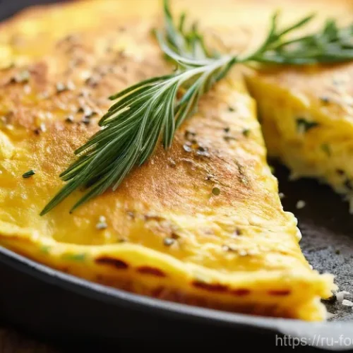식품에서의 단백질 변성 - A close-up, mouth-watering image of a perfectly cooked, incredibly fluffy omelet, still gently steam...
