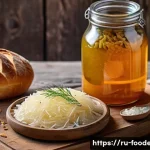 Home 16 식품 가공에서의 마이크로바이옴 활용 - A close-up, highly detailed image of a traditional Russian fermented food spread on a rustic wooden ...