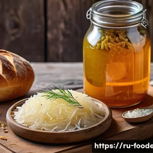 Home 28 식품 가공에서의 마이크로바이옴 활용 - A close-up, highly detailed image of a traditional Russian fermented food spread on a rustic wooden ...