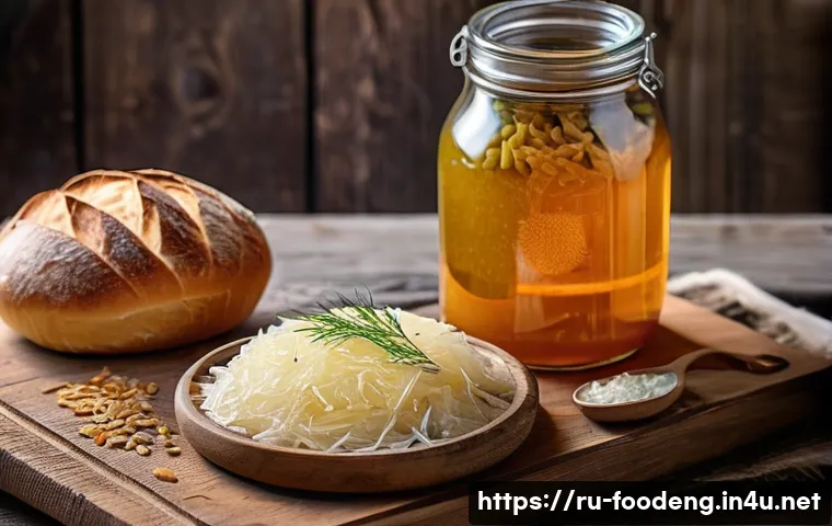 식품 가공에서의 마이크로바이옴 활용 - A close-up, highly detailed image of a traditional Russian fermented food spread on a rustic wooden ...