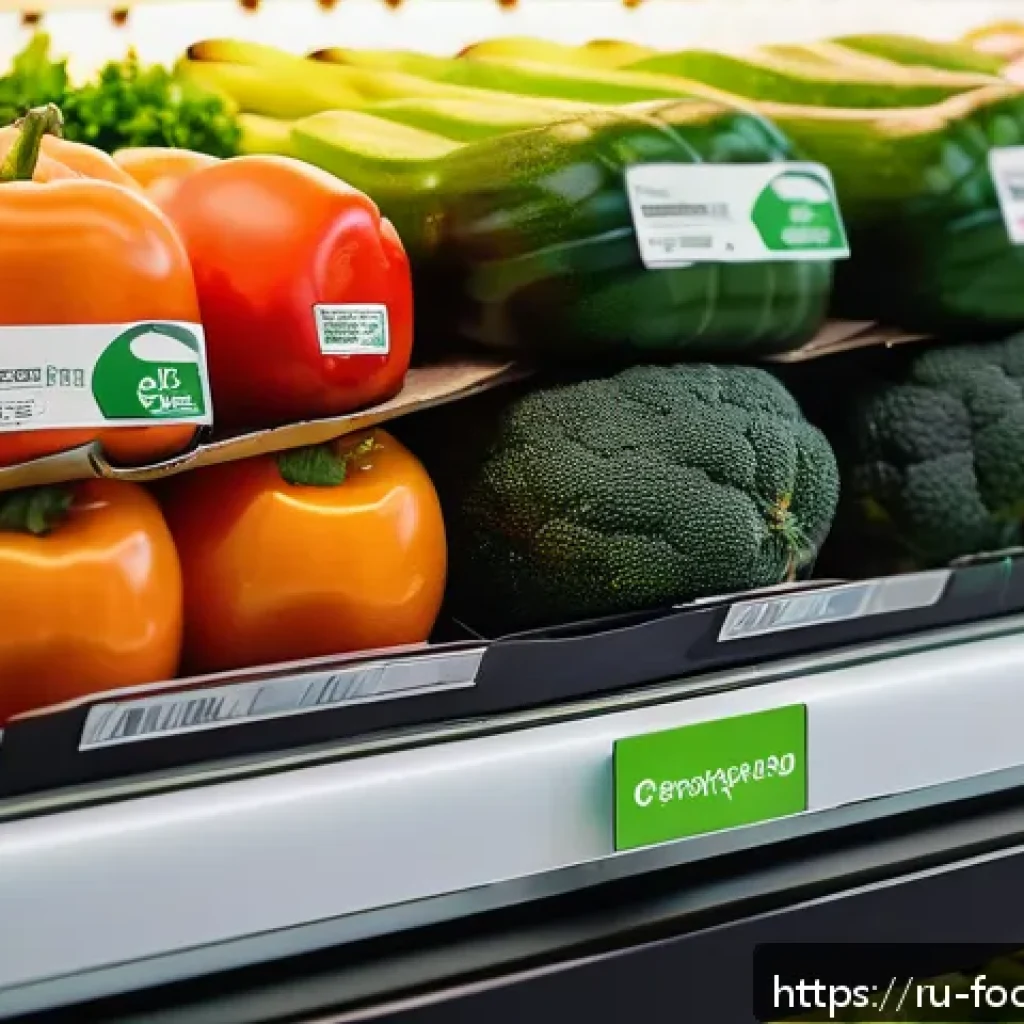 식품 공학과 신소재 나노기술 - A close-up view of a fresh vegetable and fruit display inside advanced smart packaging embedded with...