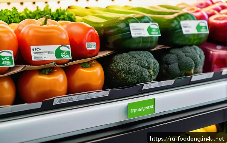 식품 공학과 신소재 나노기술 - A close-up view of a fresh vegetable and fruit display inside advanced smart packaging embedded with...