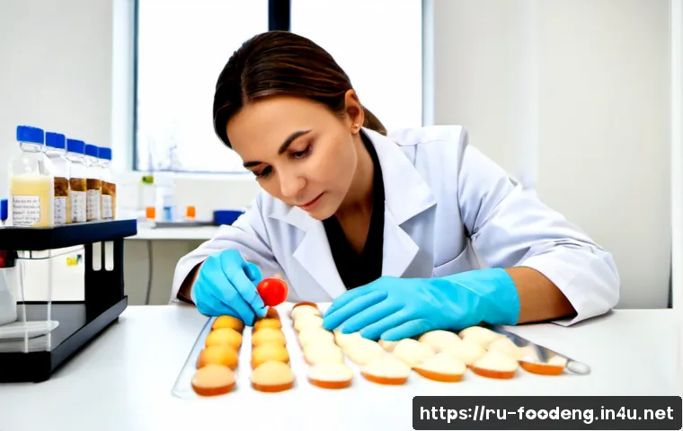 Home 17 식품 알레르기 유발물질 분석 - Photorealistic food allergy testing laboratory, female Russian food safety scientist in a clean whit...