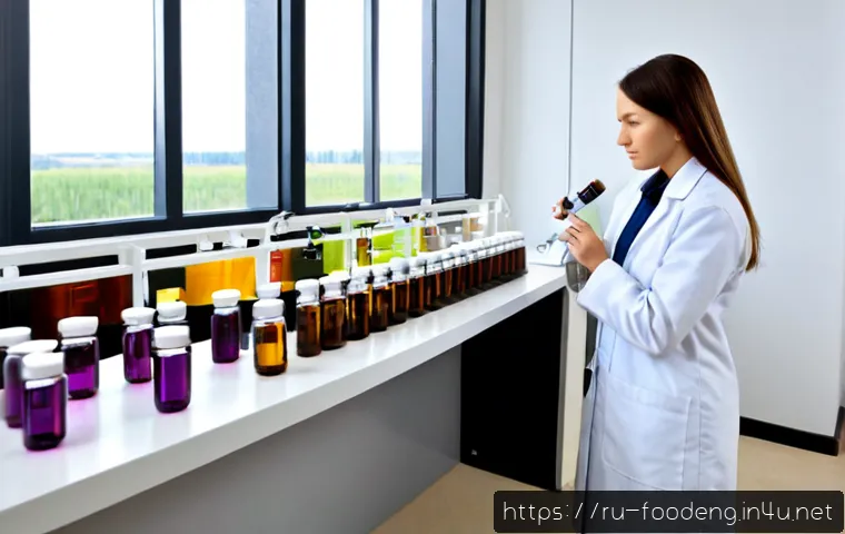Home 17 식품에서의 메타볼로믹스 연구 - Photorealistic food metabolomics research laboratory, Russian female food scientist in a clean white...