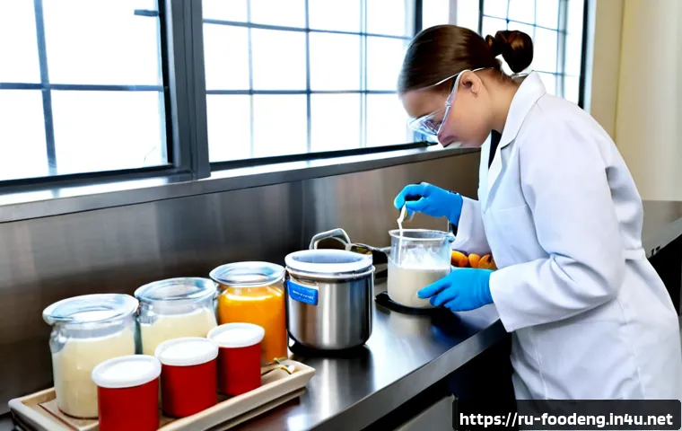 식품공학 실험 방법 - Photorealistic food engineering laboratory experiment, Russian university student in clean white lab...
