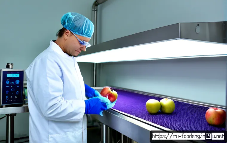 식품 가공에서의 광촉매 기술 - Photorealistic modern food-processing laboratory in Russia, stainless-steel conveyor carrying freshl...